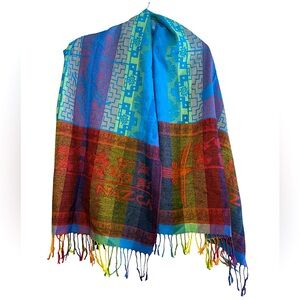 Peruvian colorful rainbow Nazca line design woven fashion fringe scarf